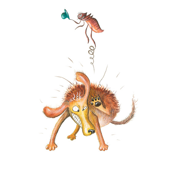 Playful flea jumping over a dog scratching - children's book illustration