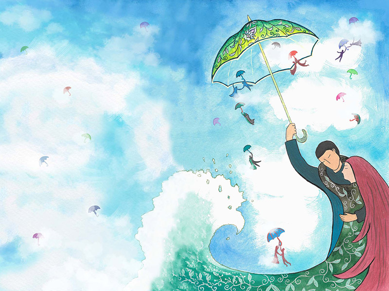 Surreal illustration depicting a couple of lovers flying with a transparent umbrella over the clouds. A colorful image for a book celebrating teen love through poetry. 
