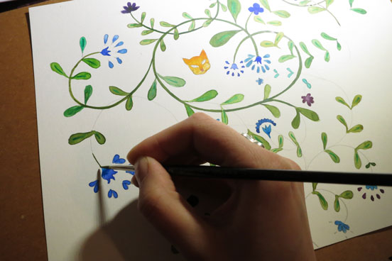 Watercolor painting process of a floral design