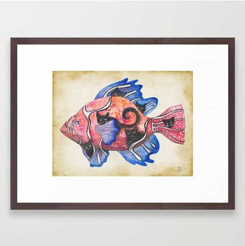 Framed surrealist art depicting a fish with cats climbing on it.