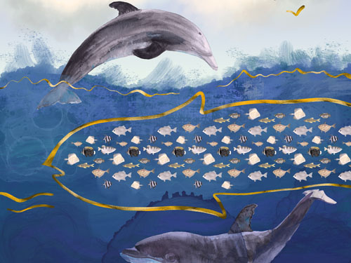 Surreal Nautical Art – Dolphins Hunting Fish