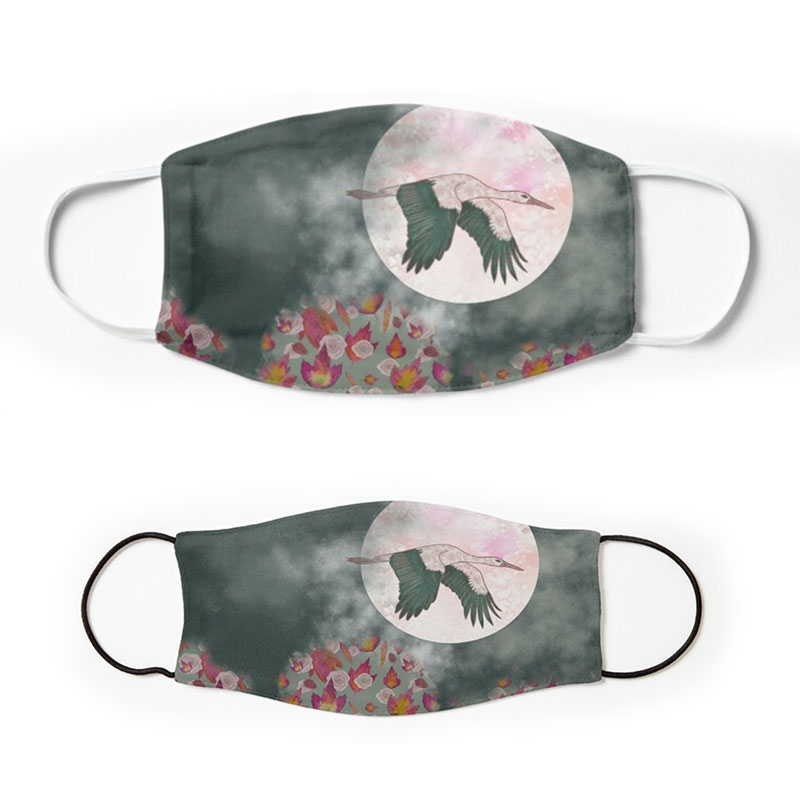 A stork flying over a bright moon - autumn foliage theme face cloth masks for adults and children