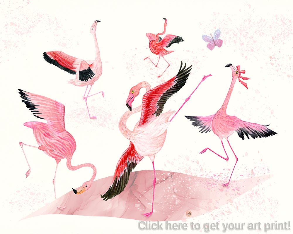 Five dancing flamingos illustration for children and nursery rooms