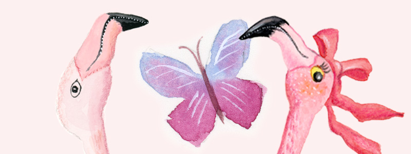 Cute flamingos and a butterfly - illustration for kids