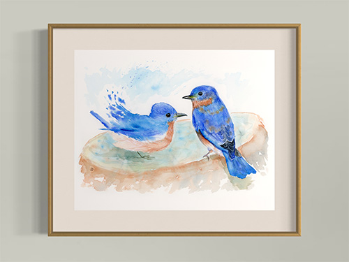 Bluebirds at the Bird Bath – Art Print