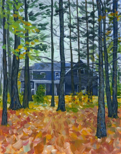 Fall landscape painting with trees and a house behind the woods.