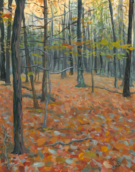 Fall landscape painting depicting tree trunks and rusty leaves in Portsmouth NH.