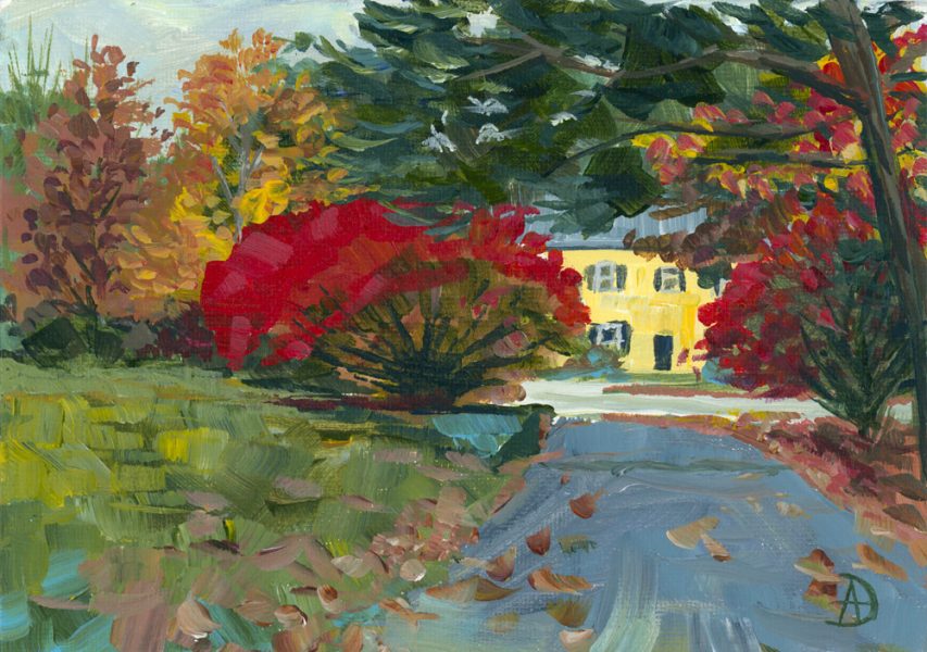 Painting of a burning bush in the fall.