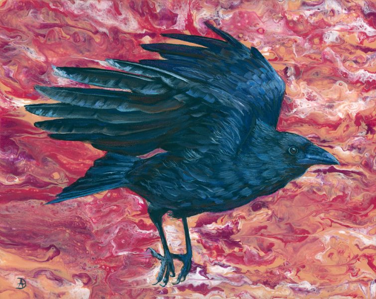 Crow in flight painting.