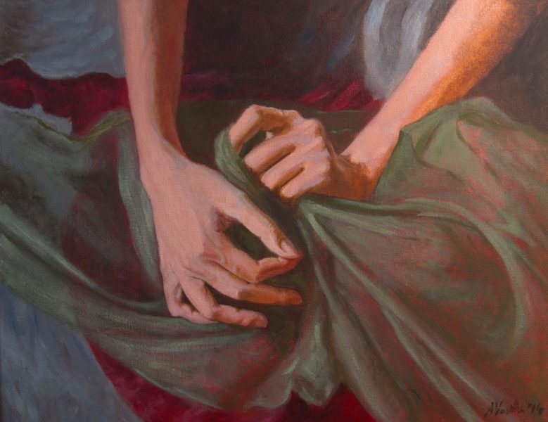 Hands playing with a scarf. Oil painting.