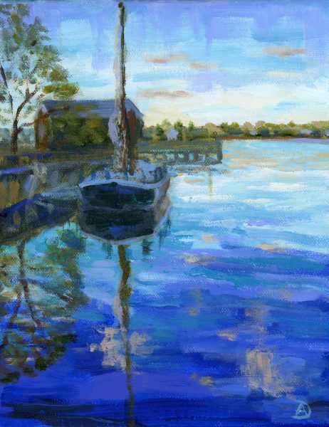 Painting of a Gundalow on the Piscataqua River at Prescott Park in Portsmouth, NH.