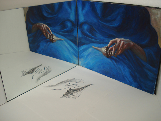 Painting of a hand and a seashell, next to a mirror.
