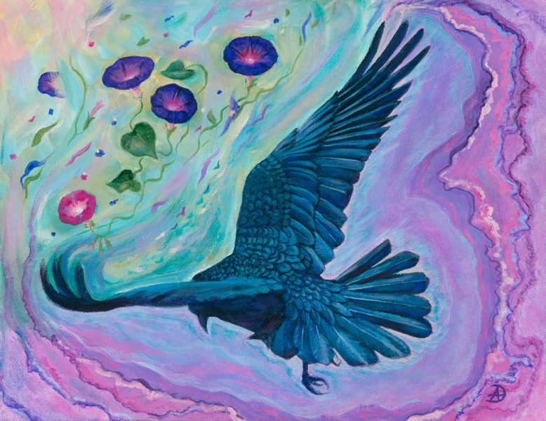 Crow flying - acrylic painting in rainbow colors.