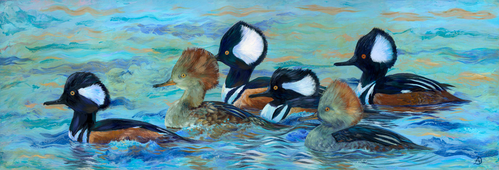 Six merganser ducks swimming - acrylic painting by Andreea Dumez, titled 