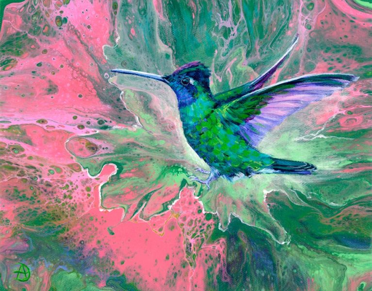 Hummingbird painting over an abstract colorful background in acrylic pouring.