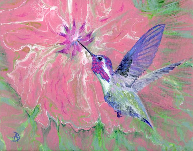 Hummingbird painting over an abstract colorful background in acrylic pouring.