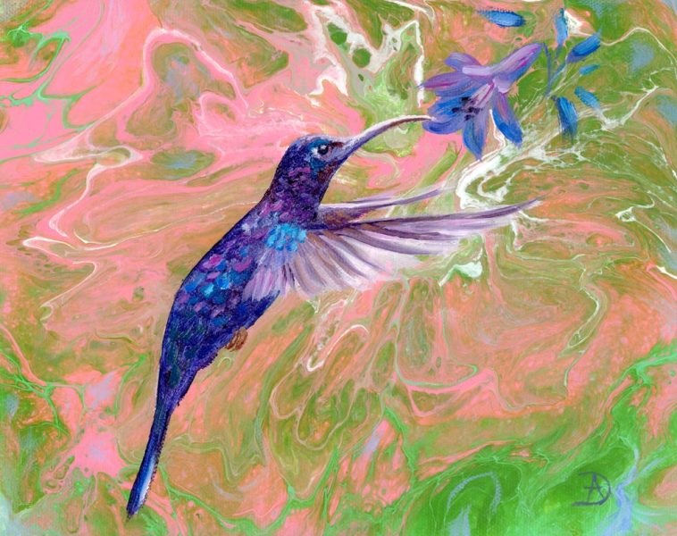 Hummingbird painting over a colorful abstract background in acrylic pouring.