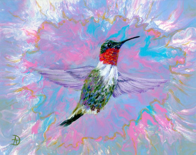 Hummingbird painting over an abstract colorful background in acrylic pouring.