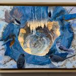 Painting depicting backyard birds around a small pond illuminated by LED lights.