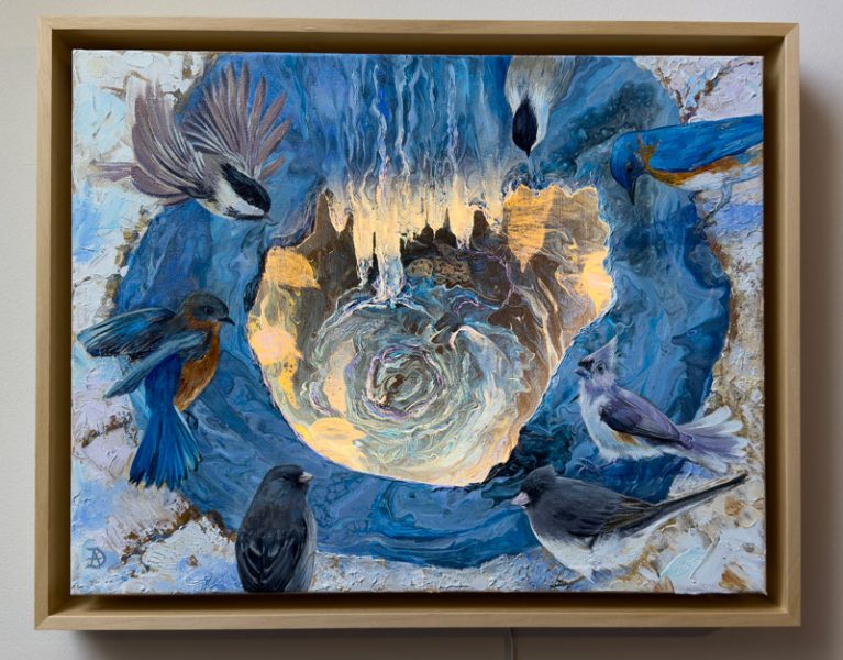 Painting depicting backyard birds around a small pond illuminated by LED lights.