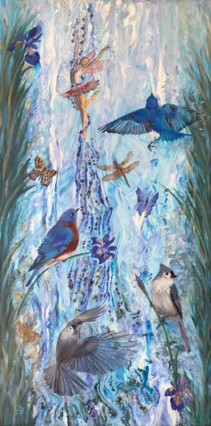 Bluebirds and titmice birds around a waterfall. Acrylic painting with surrealist and abstract elements, by Andreea Dumez